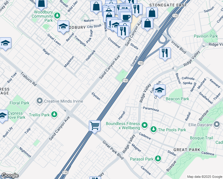 map of restaurants, bars, coffee shops, grocery stores, and more near 209 Mantle in Irvine