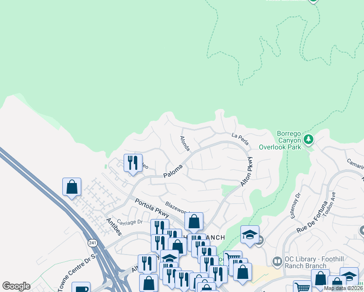 map of restaurants, bars, coffee shops, grocery stores, and more near 11 Alonda in Foothill Ranch
