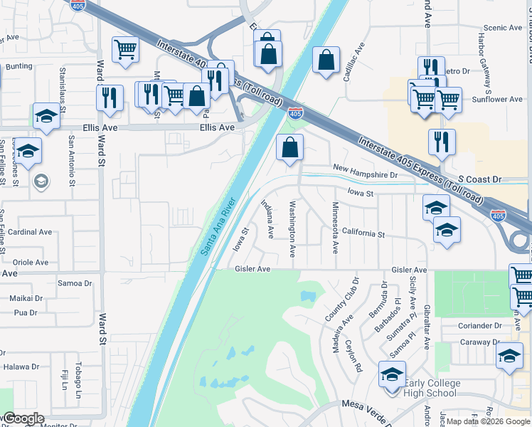 map of restaurants, bars, coffee shops, grocery stores, and more near 3273 Indiana Avenue in Costa Mesa