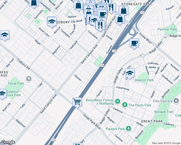 map of restaurants, bars, coffee shops, grocery stores, and more near 209 Mantle in Irvine