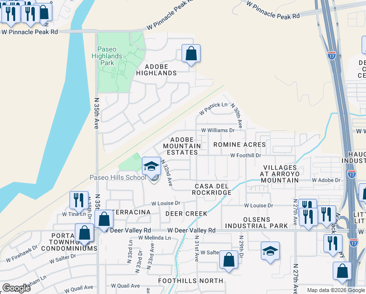 map of restaurants, bars, coffee shops, grocery stores, and more near 3148 West Robin Lane in Phoenix