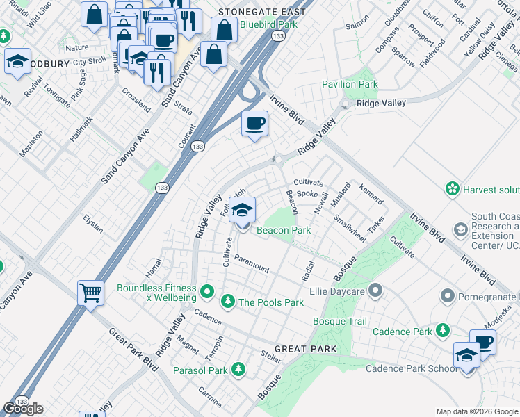 map of restaurants, bars, coffee shops, grocery stores, and more near 157 Fixie in Irvine