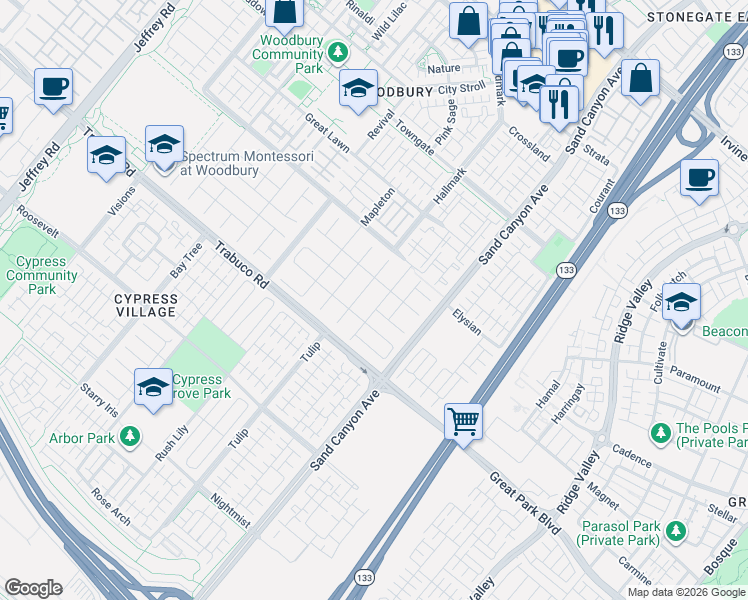 map of restaurants, bars, coffee shops, grocery stores, and more near 45 Rolling Green in Irvine