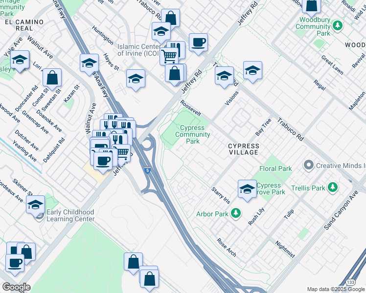 map of restaurants, bars, coffee shops, grocery stores, and more near 3106 Visions in Irvine