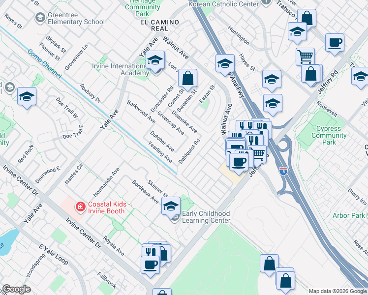 map of restaurants, bars, coffee shops, grocery stores, and more near 14841 Dahlquist Road in Irvine