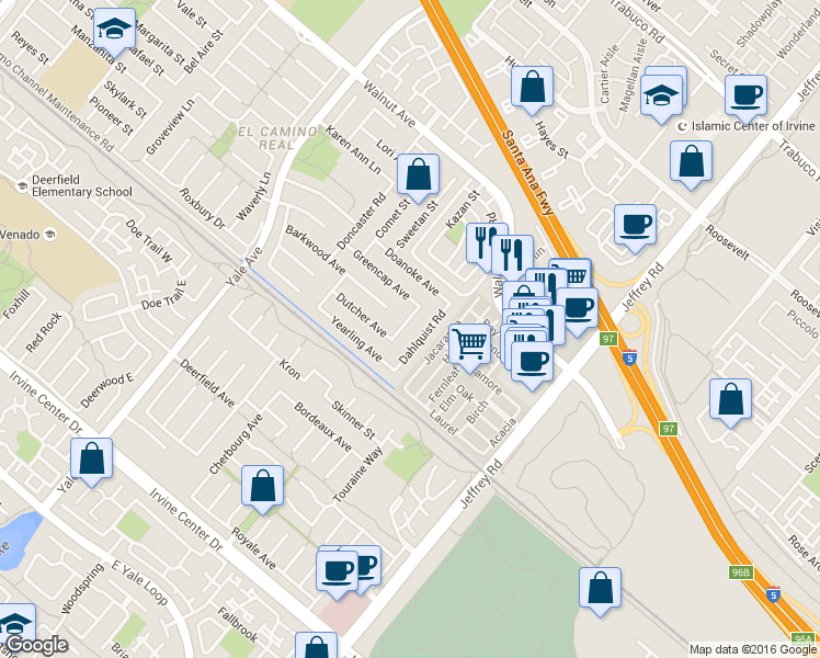 map of restaurants, bars, coffee shops, grocery stores, and more near 14841 Dahlquist Road in Irvine