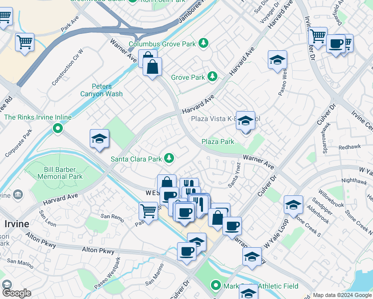 map of restaurants, bars, coffee shops, grocery stores, and more near 301 Marinella Aisle in Irvine