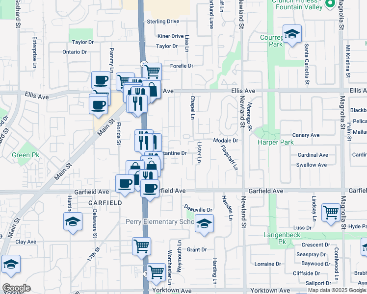 map of restaurants, bars, coffee shops, grocery stores, and more near 18792 Tulipwood Circle in Huntington Beach