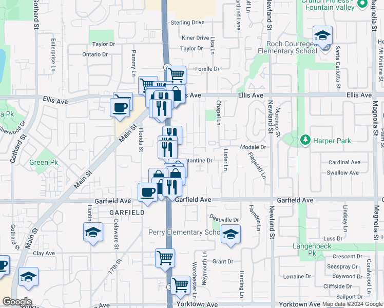 map of restaurants, bars, coffee shops, grocery stores, and more near 18761 Hoyt Circle in Huntington Beach