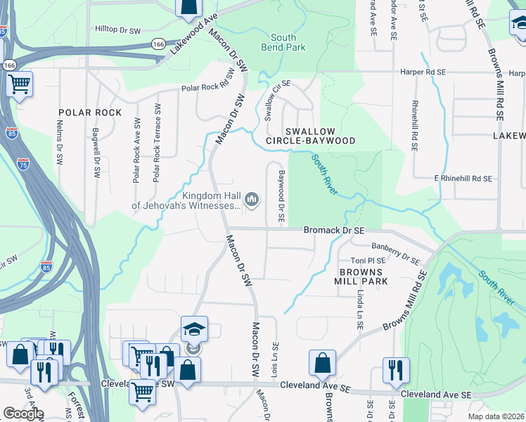 map of restaurants, bars, coffee shops, grocery stores, and more near 2200 Baywood Drive Southeast in Atlanta