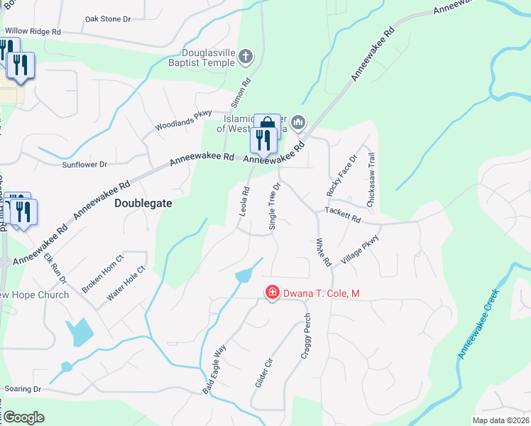 map of restaurants, bars, coffee shops, grocery stores, and more near 4228 Leola Road in Douglasville