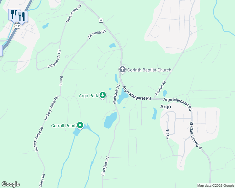 map of restaurants, bars, coffee shops, grocery stores, and more near 1021 County Road 6 in Odenville