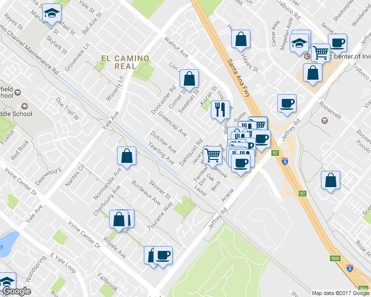 map of restaurants, bars, coffee shops, grocery stores, and more near 14862 Rattan Street in Irvine