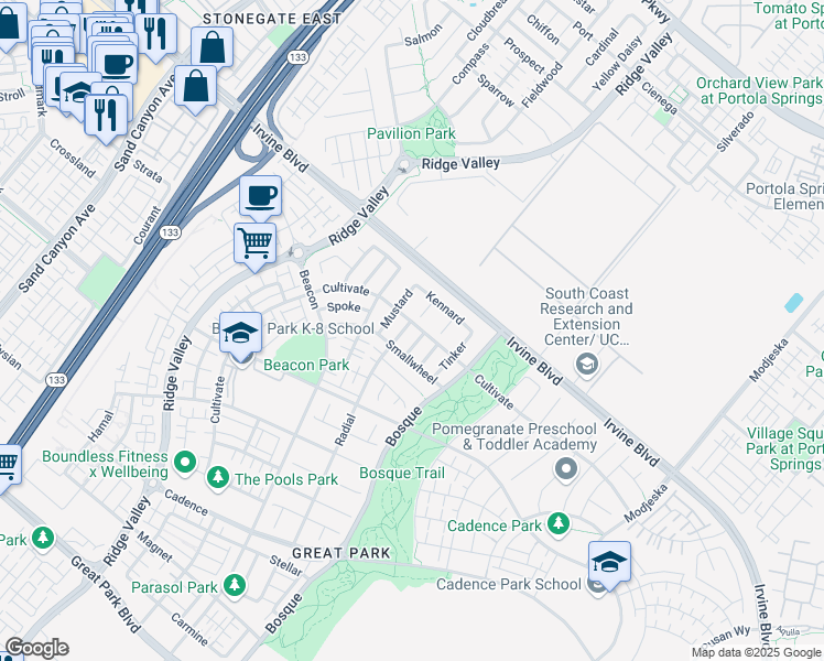 map of restaurants, bars, coffee shops, grocery stores, and more near 276 Radial in Irvine