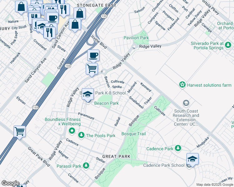 map of restaurants, bars, coffee shops, grocery stores, and more near 134 Smallwheel in Irvine