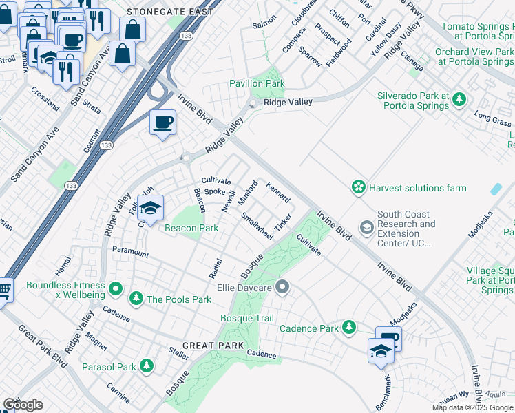 map of restaurants, bars, coffee shops, grocery stores, and more near 276 Radial in Irvine