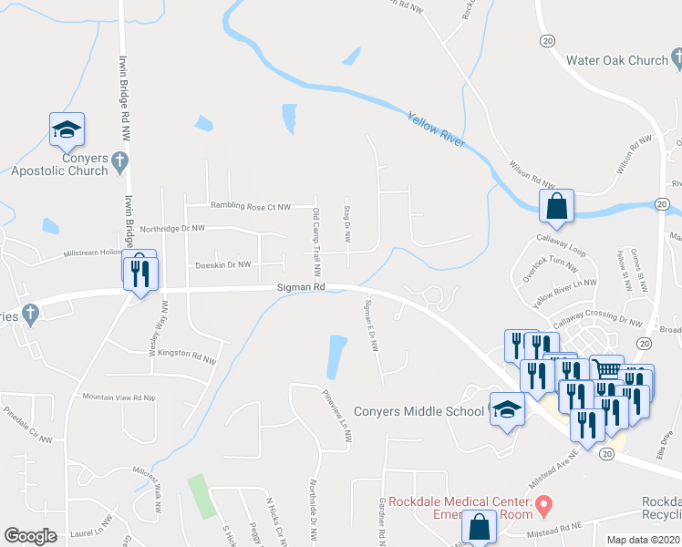 map of restaurants, bars, coffee shops, grocery stores, and more near 1701 Stag Court Northwest in Conyers