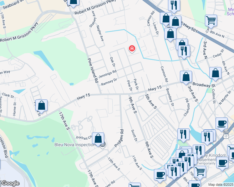 map of restaurants, bars, coffee shops, grocery stores, and more near 1006 Owens Street in Myrtle Beach