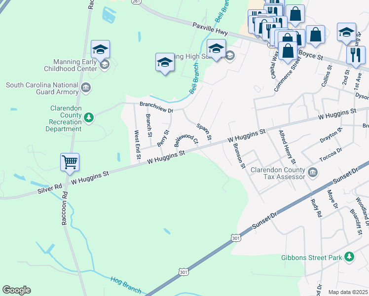 map of restaurants, bars, coffee shops, grocery stores, and more near 813 West Huggins Street in Manning