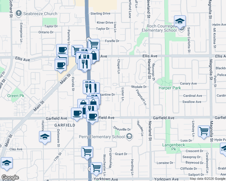 map of restaurants, bars, coffee shops, grocery stores, and more near 18792 Tulipwood Circle in Huntington Beach