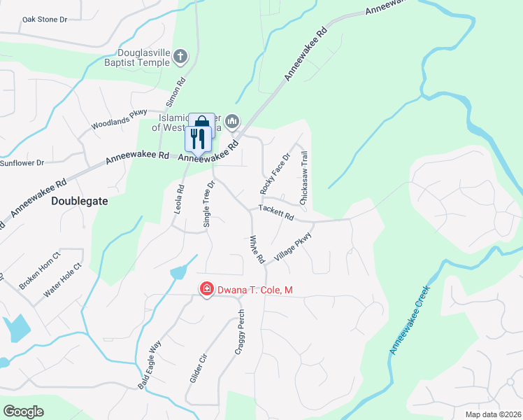 map of restaurants, bars, coffee shops, grocery stores, and more near 3685 Tackett Rd in Douglasville