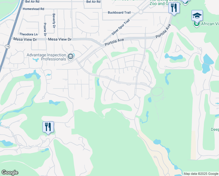 map of restaurants, bars, coffee shops, grocery stores, and more near 49148 Quercus Lane in Palm Desert