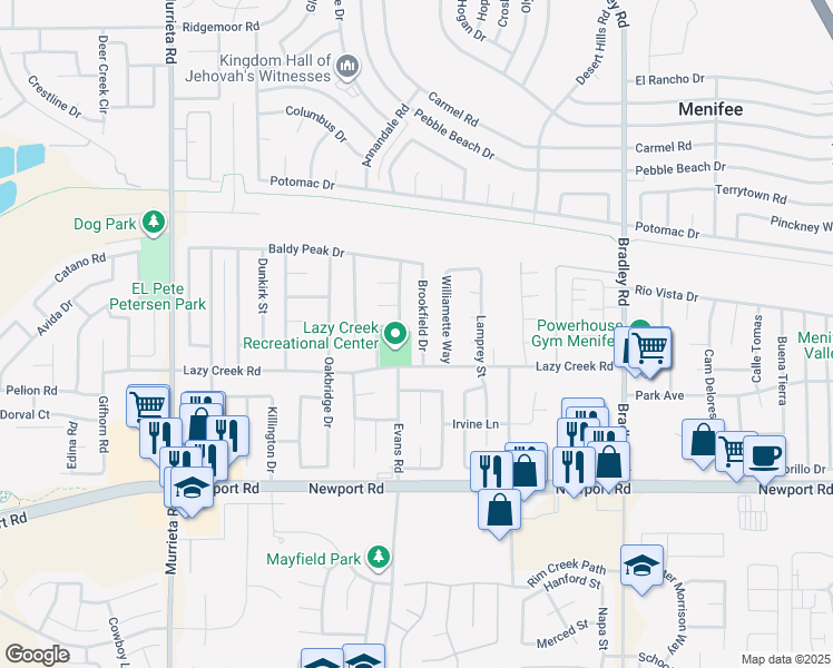 map of restaurants, bars, coffee shops, grocery stores, and more near 29693 Brookfield Drive in Menifee