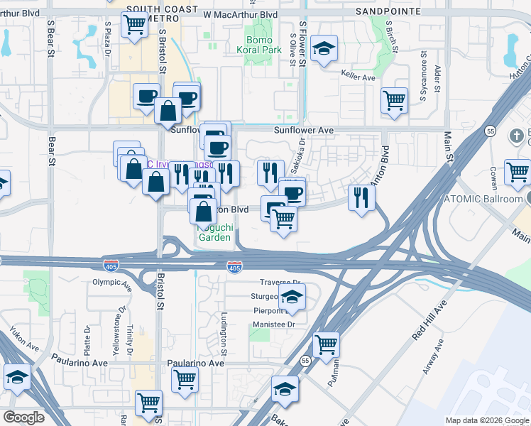 map of restaurants, bars, coffee shops, grocery stores, and more near 959 Anton Boulevard in Costa Mesa
