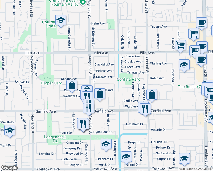 map of restaurants, bars, coffee shops, grocery stores, and more near 9144 Cockatoo Avenue in Fountain Valley