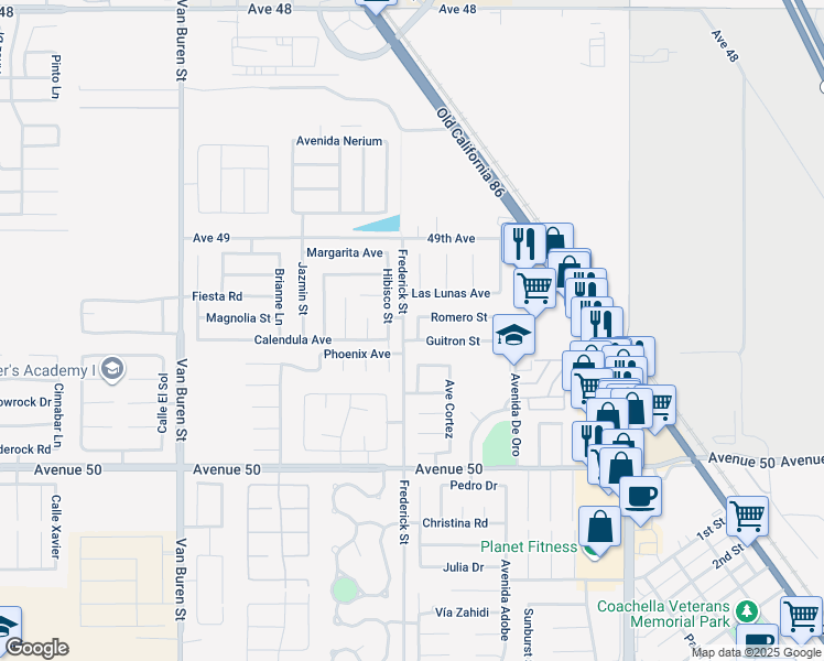 map of restaurants, bars, coffee shops, grocery stores, and more near 49551 Reyes Street in Coachella