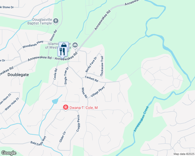 map of restaurants, bars, coffee shops, grocery stores, and more near 4232 Chickasaw Trail in Douglasville