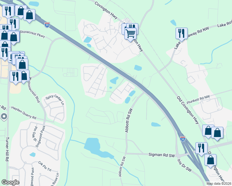 map of restaurants, bars, coffee shops, grocery stores, and more near 2724 Kemp Court in Conyers
