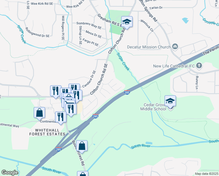 map of restaurants, bars, coffee shops, grocery stores, and more near 3243 Sugar Creek Falls Trce Southeast in Atlanta