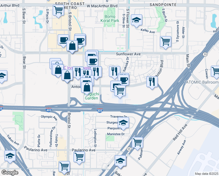 map of restaurants, bars, coffee shops, grocery stores, and more near 585 Anton Boulevard in Costa Mesa