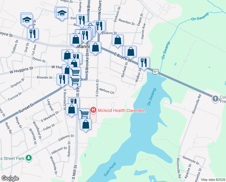 map of restaurants, bars, coffee shops, grocery stores, and more near 135 Nelson Circle in Manning