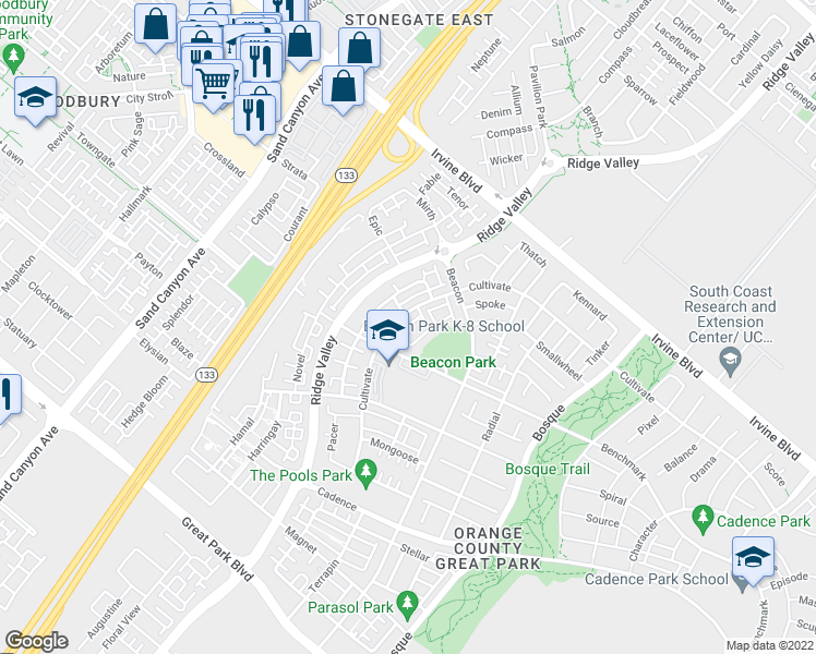 map of restaurants, bars, coffee shops, grocery stores, and more near 125 Fixie in Irvine