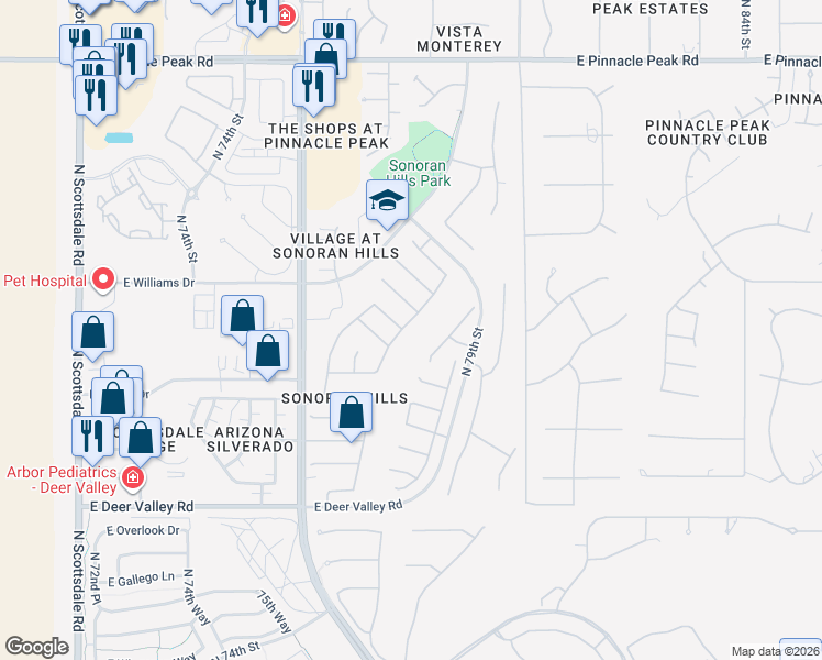 map of restaurants, bars, coffee shops, grocery stores, and more near 22447 North 77th Place in Scottsdale
