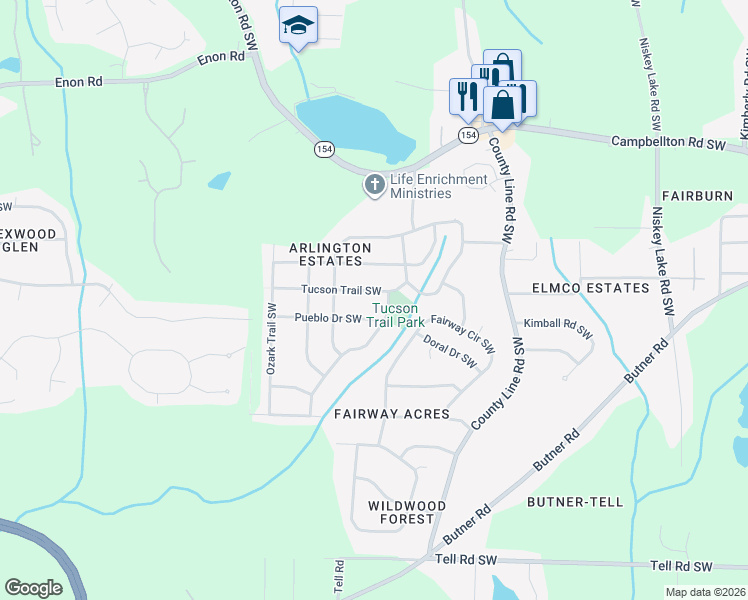 map of restaurants, bars, coffee shops, grocery stores, and more near 4638 Tucson Trail Southwest in Atlanta