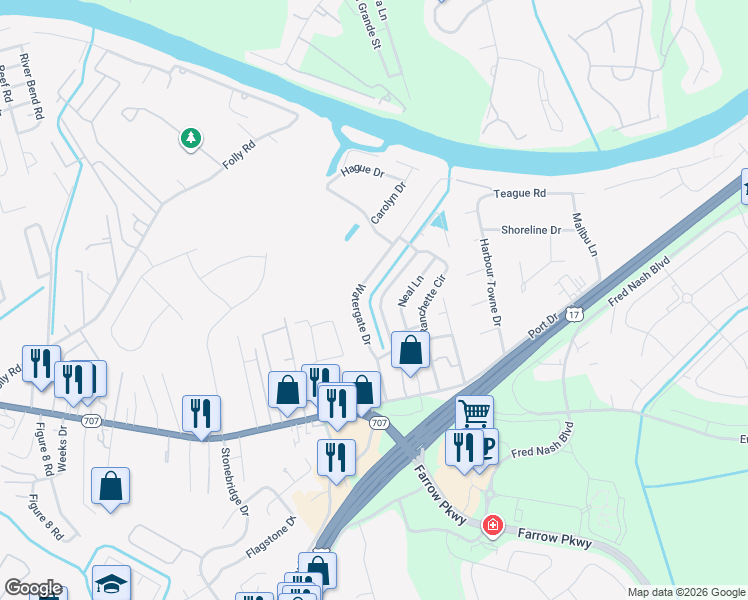 map of restaurants, bars, coffee shops, grocery stores, and more near 164 Ranchette Circle in Myrtle Beach