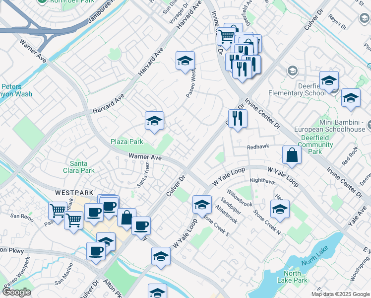 map of restaurants, bars, coffee shops, grocery stores, and more near 14 Del Cambrea in Irvine