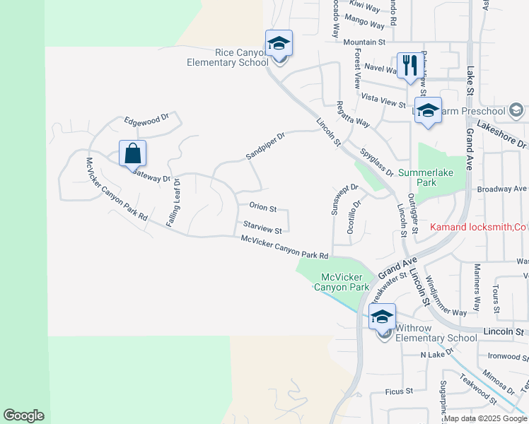 map of restaurants, bars, coffee shops, grocery stores, and more near 15501 Orion Street in Lake Elsinore