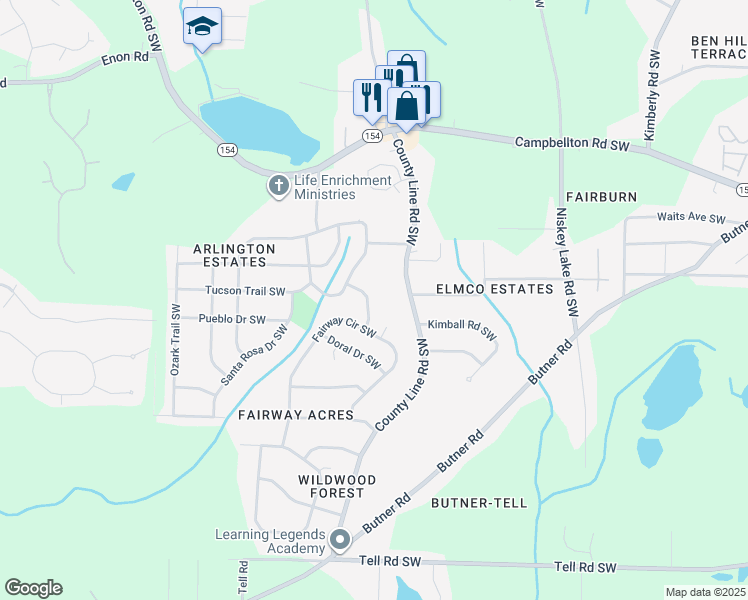 map of restaurants, bars, coffee shops, grocery stores, and more near 2388 Durango Road Southwest in Atlanta