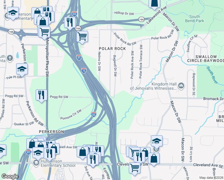 map of restaurants, bars, coffee shops, grocery stores, and more near 2364 Pryor Road Southwest in Atlanta