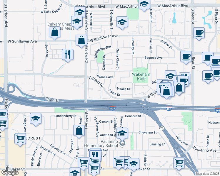 map of restaurants, bars, coffee shops, grocery stores, and more near 1090 Tulare Drive in Costa Mesa