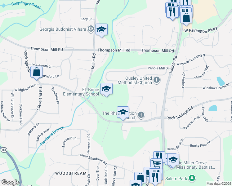 map of restaurants, bars, coffee shops, grocery stores, and more near 3346 Miller Road in Stonecrest