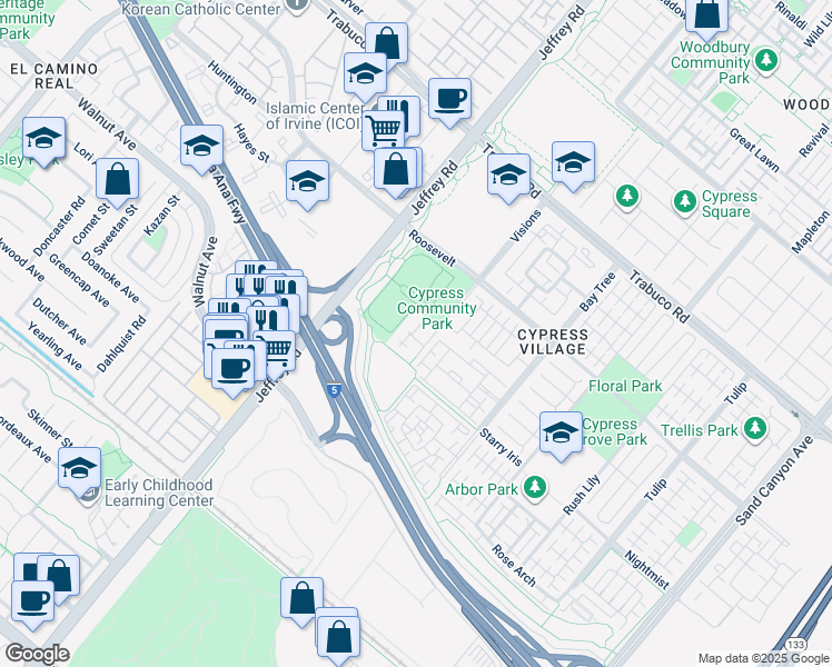 map of restaurants, bars, coffee shops, grocery stores, and more near 1104 Visions in Irvine