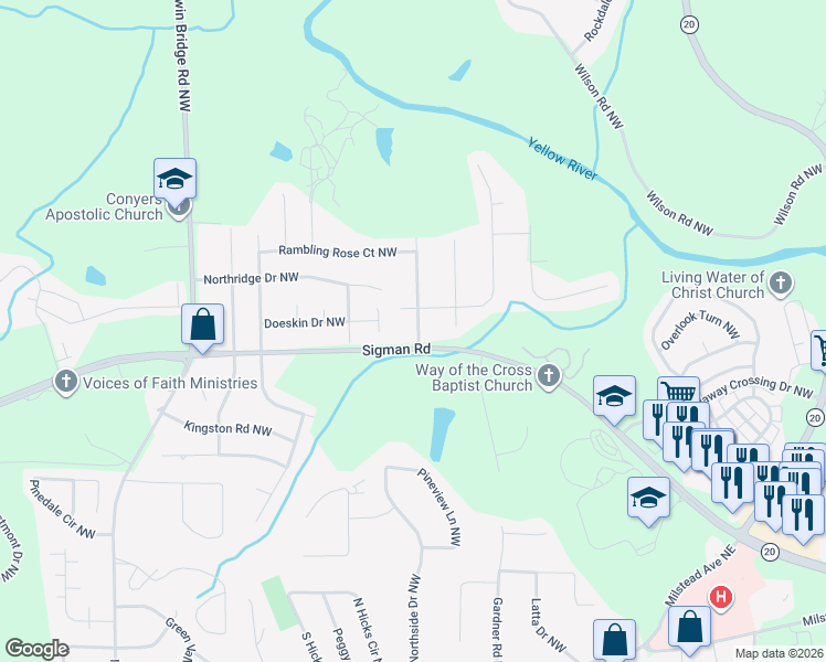 map of restaurants, bars, coffee shops, grocery stores, and more near 1707 Old Camp Trail Northwest in Conyers