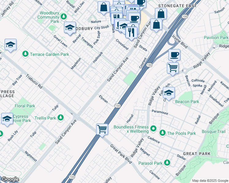 map of restaurants, bars, coffee shops, grocery stores, and more near Mantle in Irvine