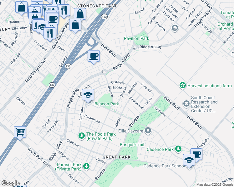 map of restaurants, bars, coffee shops, grocery stores, and more near 136 Smallwheel in Irvine