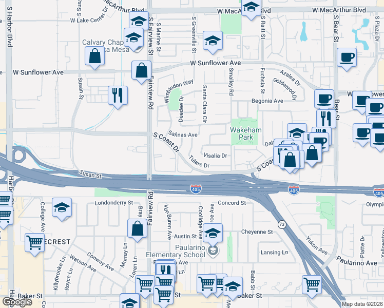 map of restaurants, bars, coffee shops, grocery stores, and more near 1090 Tulare Drive in Costa Mesa